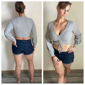 Forever21 Crop Top Ruched Gray Long Sleeve Large Athleisure